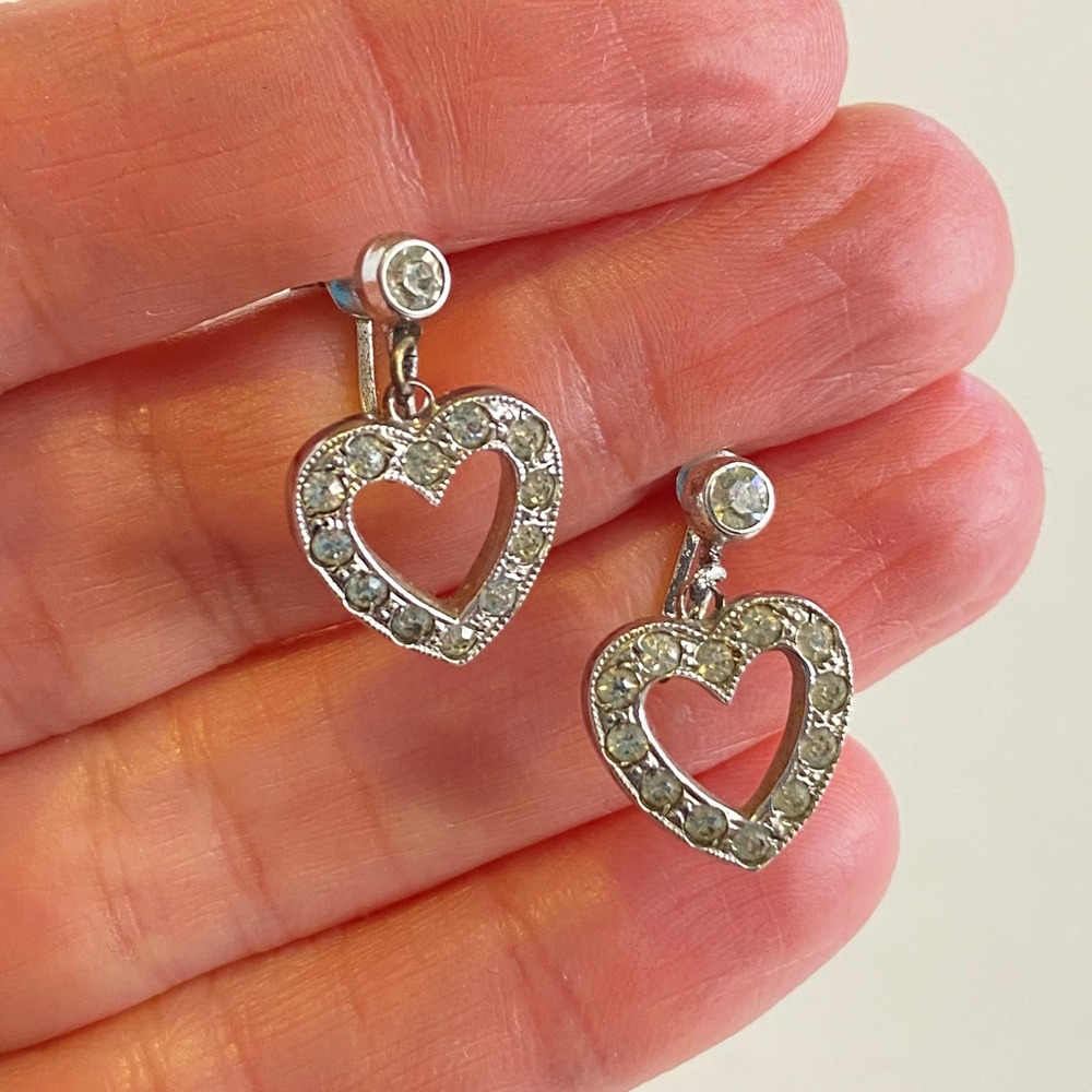 Vintage‎ Sterling Silver Rhinestone Heart Screw Back Earrings Romantic Bridal